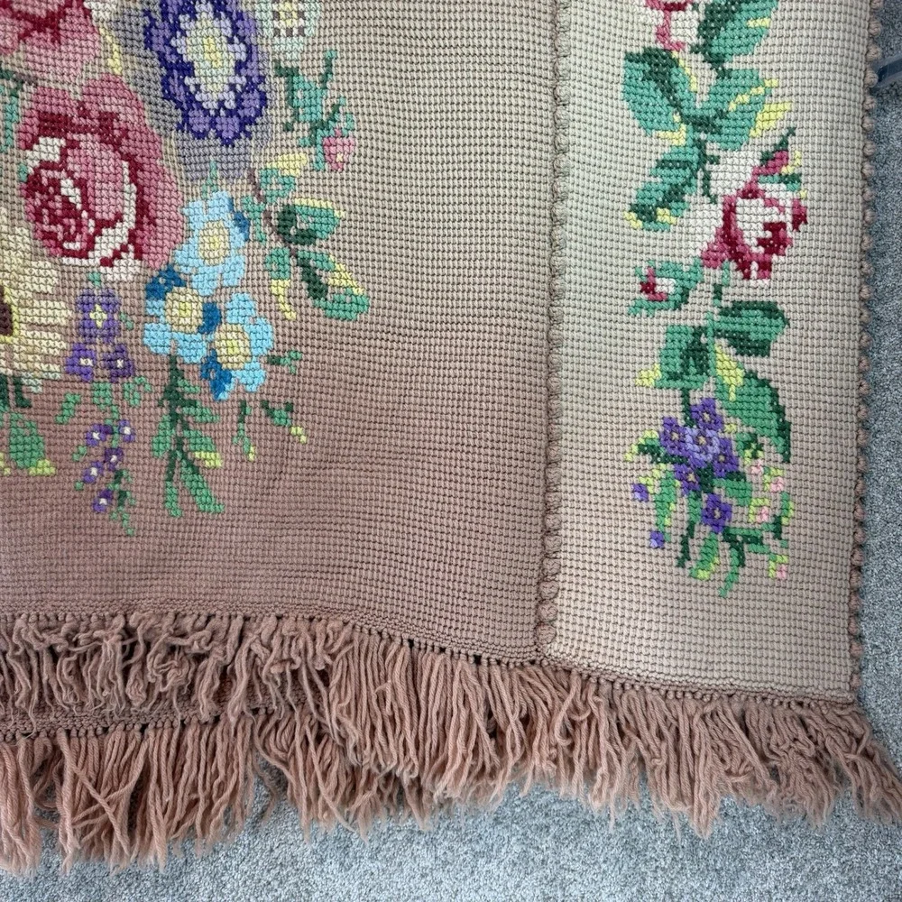 VTG Crochet Needle Point Roses Granny Cottage Core Afghan Blanket Throw *Flaw*